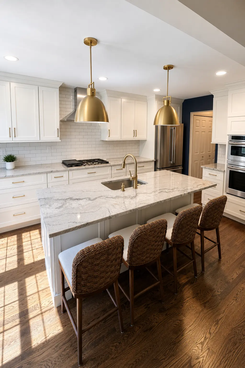 Completed Electrical Plus kitchen lighting installation with brass pendants and recessed lighting