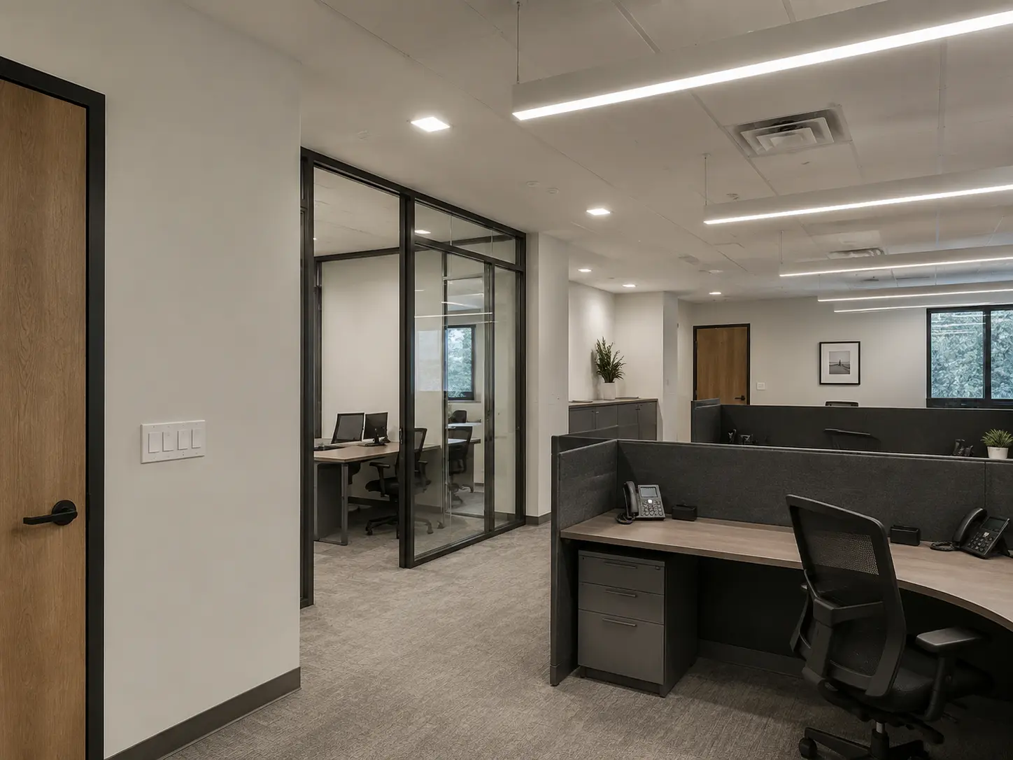 Modern small-office lighting representing light commercial electrical services